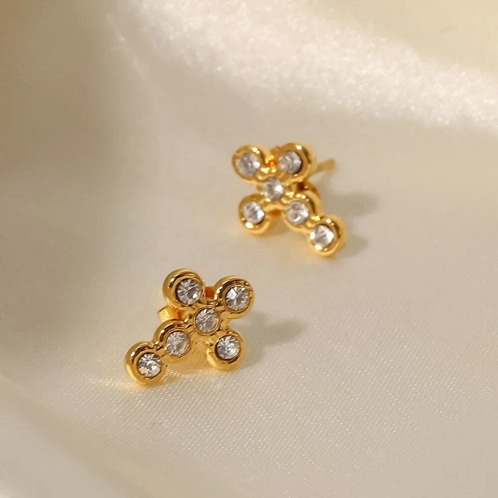 Zircon Cross Stud Earrings 18K Gold Plated Minimalist - Picture 6 of 7
